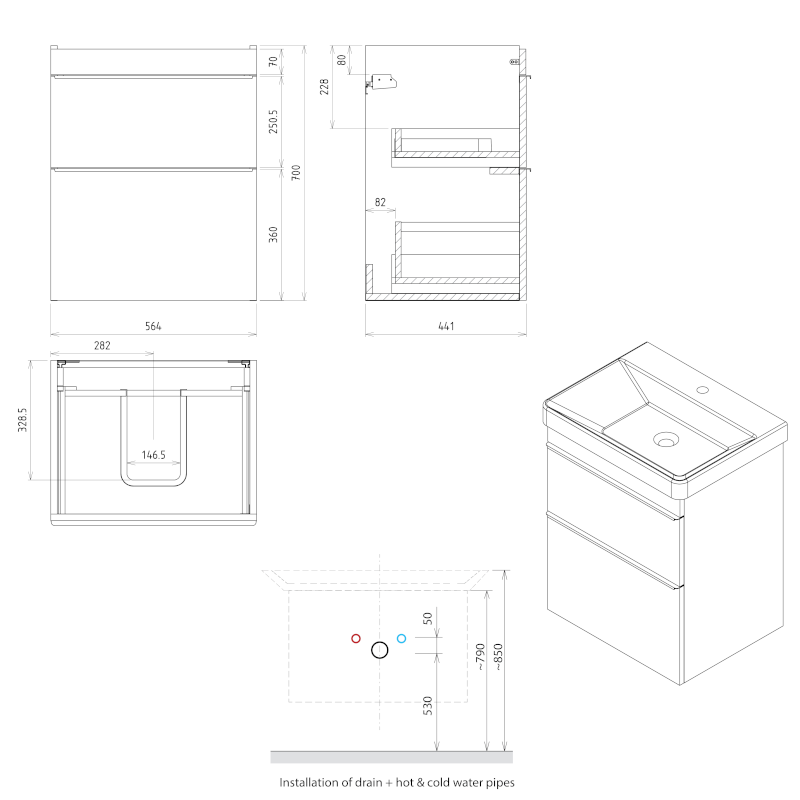 SITIA umyvadlová skříňka 56,4x70x44,2cm, 2xzásuvka, borovice rustik SI060-1616